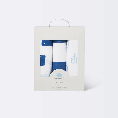 Muslin Swaddle Blankets By The Sea 3pk - Cloud Island™ Blue 2 Muslin Swaddle Blankets By The Sea 3pk - Cloud Island™ Blue - Image 2