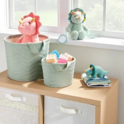 Quilted Fabric Small Round Storage Basket - Green - Cloud Island™